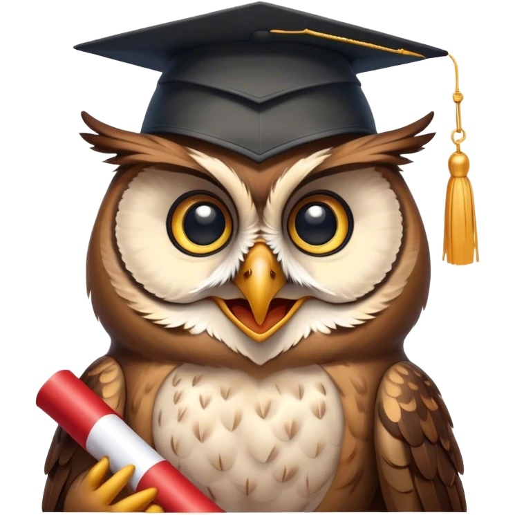 Owl smiling with graduation hat and diploma in claws emoji
