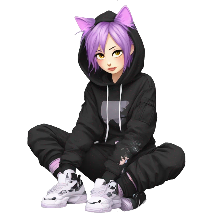 Edgy beautiful pretty anime punk tomboy with cat ears techwear cargo pants hoodie emoji