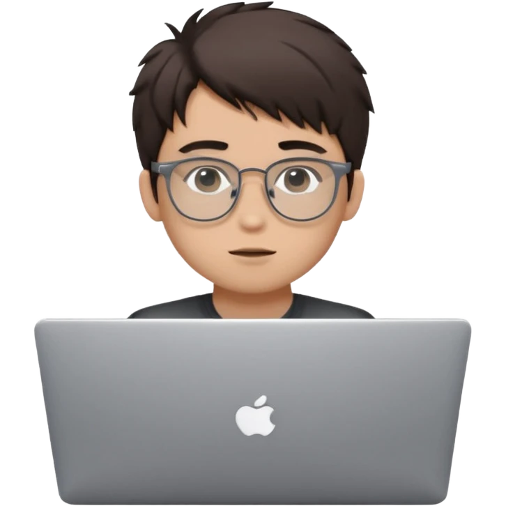 Apple Memoji-style 3D avatar, young man with light skin, short messy dark brown hair, black rectangular glasses, sitting behind a silver laptop with only eyes visible, cute minimal plastic look, smooth shapes, studio light, pure white background, centered, 1:1, ultra clean, 4k emoji