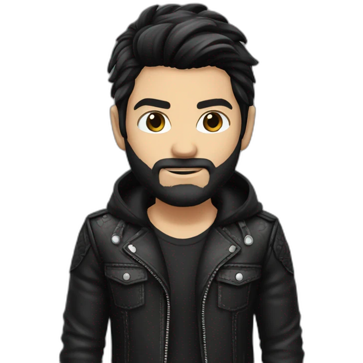 Handsome Boy rocker with Black Middle and straight hair hair parted on the left lether jacket short beard emoji