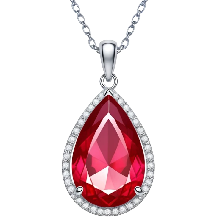 teardrop ruby pendant with silver chain, white stones, and luminous aura symbolizing renewal emoji