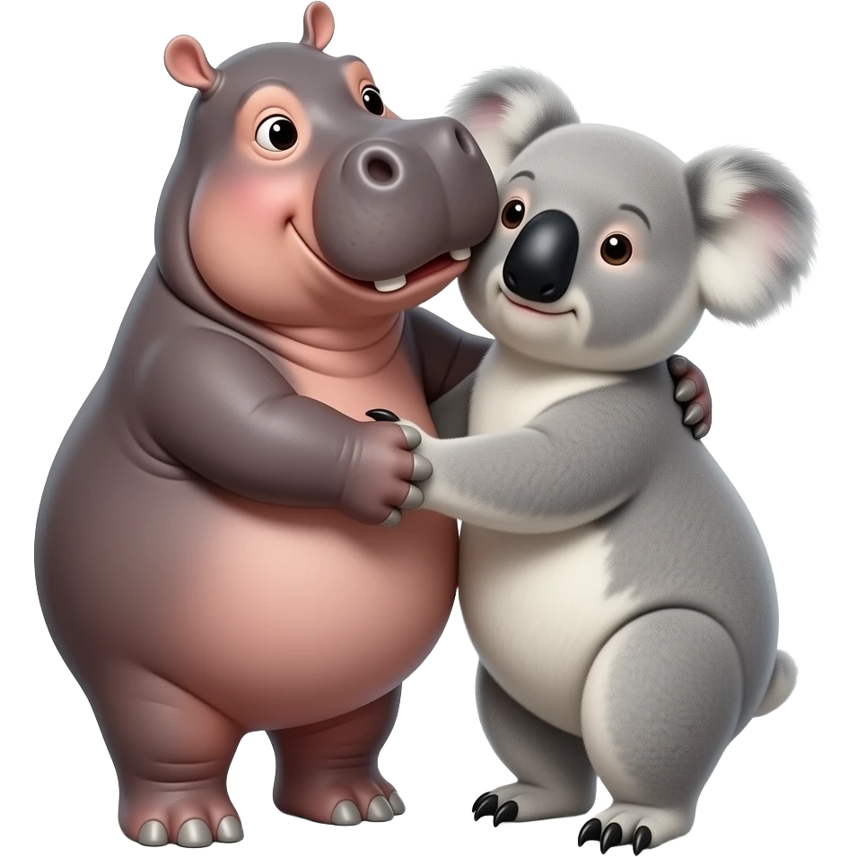 Hippo kissing koala face in love. Hugging.  Realistic. Not cartoon. emoji