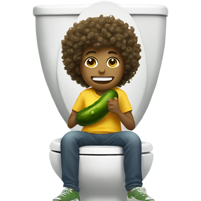 Boy with curly hair sitting on the toilet while eating a giant pickle  emoji