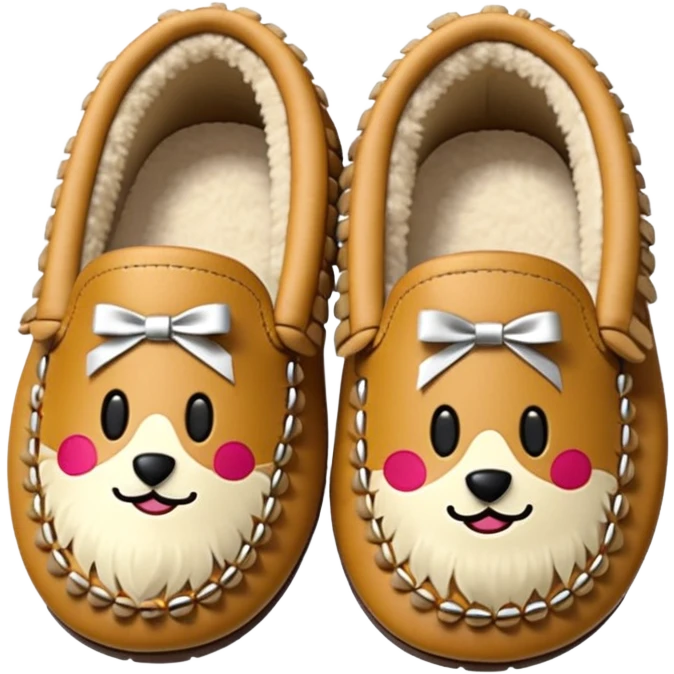 tan moccasins with decorative design and fluffy fur, emoji style emoji