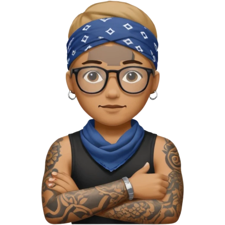 character with bandana and glasses and tattoed emoji