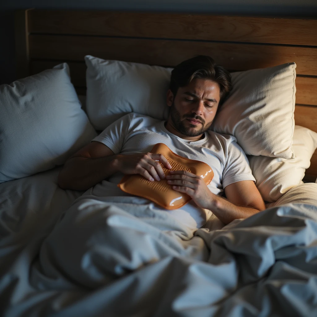 realistic hyper-detailed 4K image of a man lying in bed holding a hot water bottle on abdomen, expression of relief mixed with discomfort, domestic atmosphere emoji