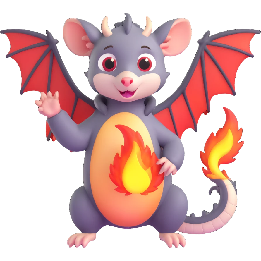 cute cartoon possum breathing fire, dressed as a dragon with wings emoji