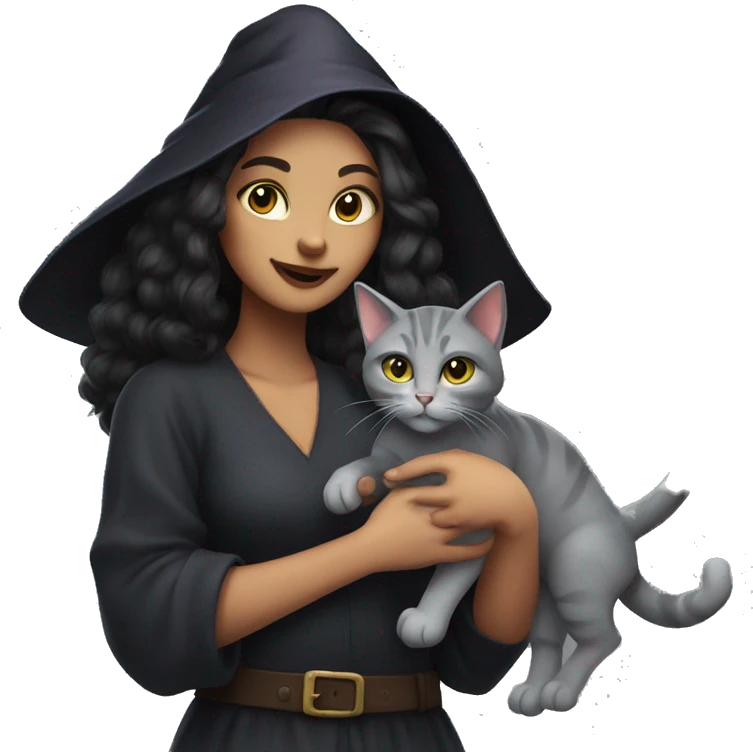 Witch with cat light kin darkhair gray cat emoji
