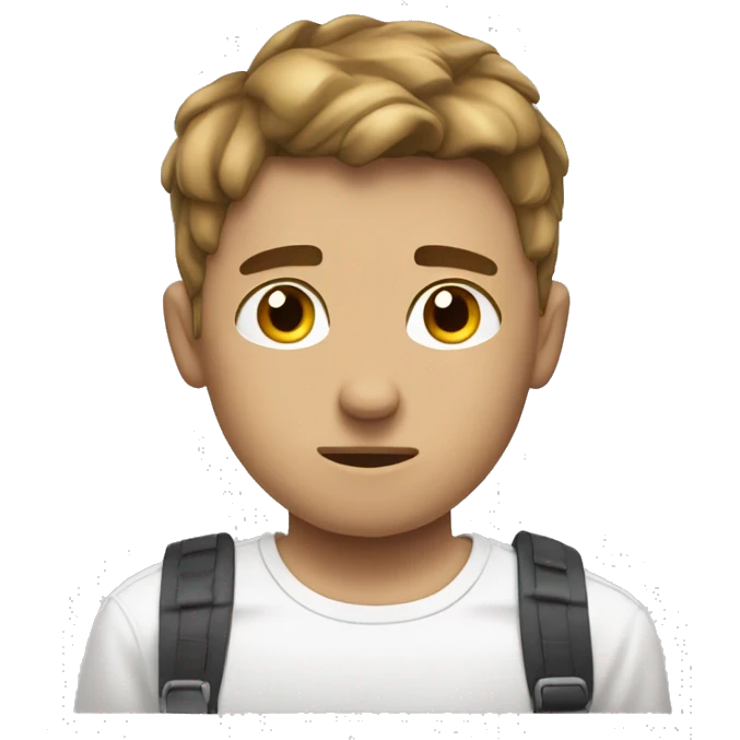 White boy with a brown curtains haircut in a white Nike shirt, he is feeling Ashamed as he has no travel plan in mind emoji