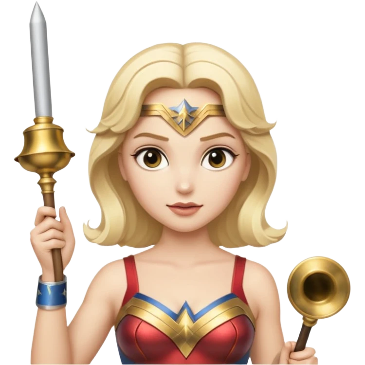 Blonde Wonder Woman holding short white orchestra conductor’s baton and bell emoji