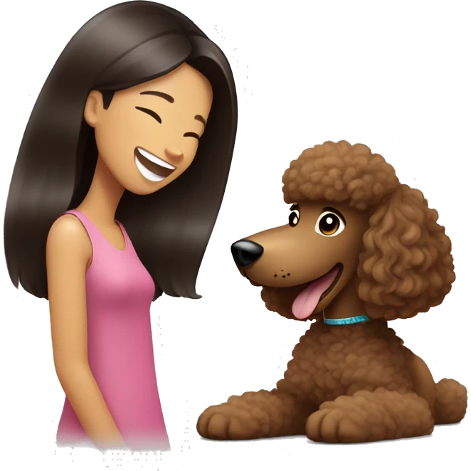 Long Black Brown Straight Hair Asian Woman Laughing With Brown Poodle Puppy emoji