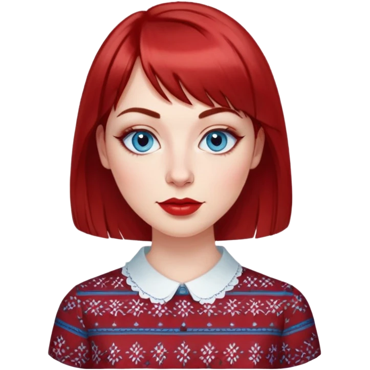 Woman in her 30s with clear white skin, oval face, large blue eyes with eyeliner, thin eyebrows, small nose, medium lips with red lipstick, dark red straight hair with bangs, wearing a red and white patterned shirt, friendly expression emoji