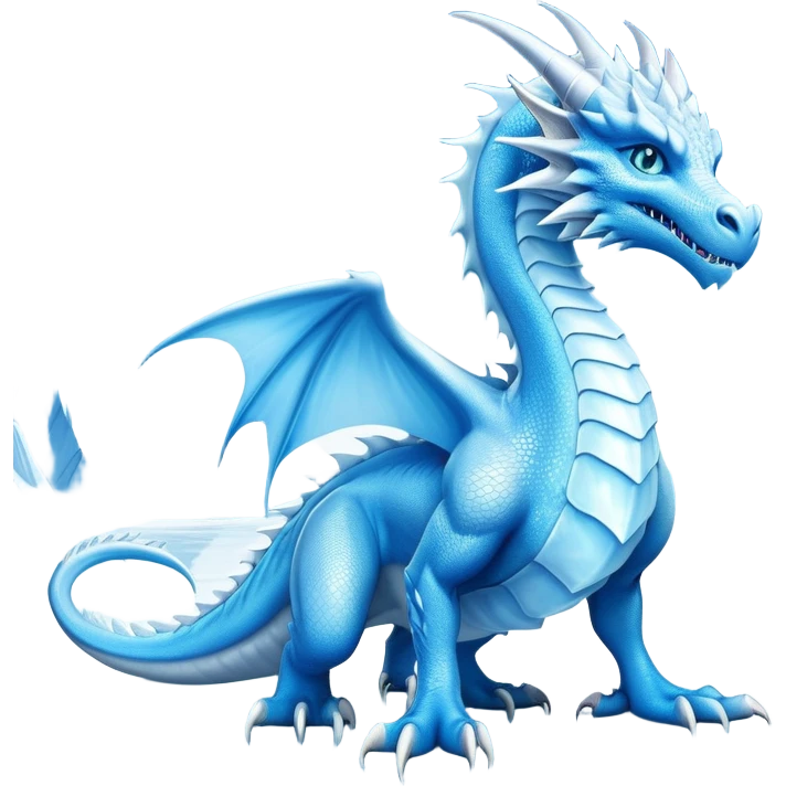 Cinematic Noble wise elegant Ice Dragon full body  Emoji, Poised and imposing, distinct long elegant snout, with a slender, scaled body shimmering in glacial hues of icy blue, frostbitten silver, and crystalline white, breathing out frost, with piercing, glowing ice blue white eyes that radiate the chilling depths of an arctic storm; rendered in detail. excuding wisdom emoji
