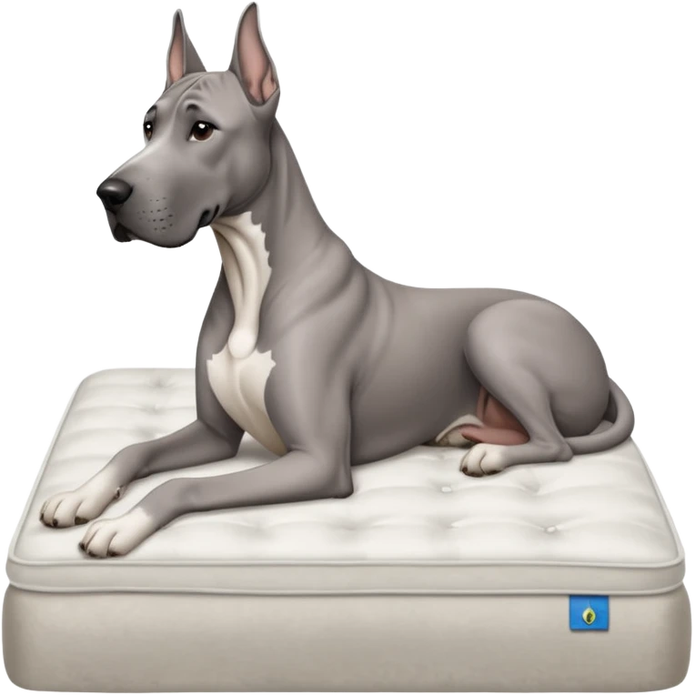 Gray Great Dane on king size mattress floppy ears white mattress  emoji