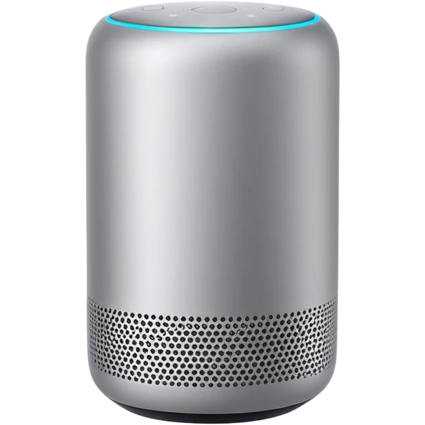 Sleek Apple-style smart speaker, minimalist design, cylindrical shape, premium materials, white or space gray color, touch surface on top, modern home device emoji