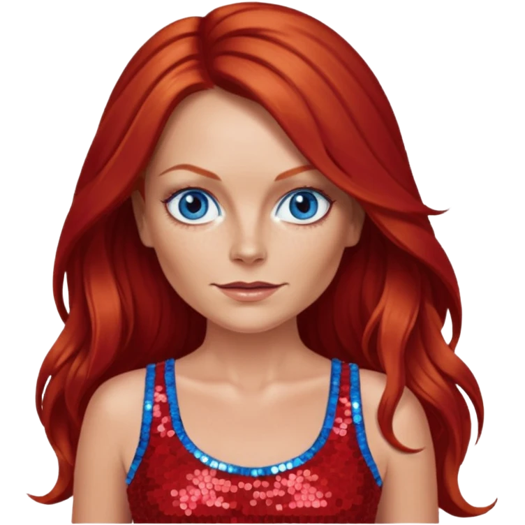 Geri Halliwell with long red hair, blue eyes, red sequin crop top emoji