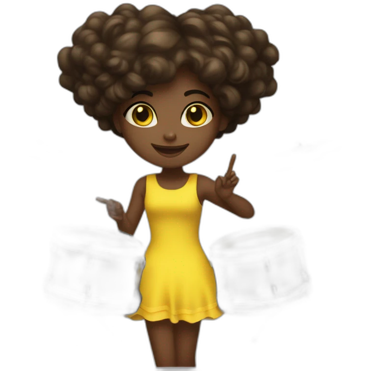 cute girl in yellow dress dark skin with yellow eyes and dark curvy hairs plays on drums emoji