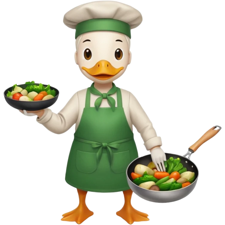 A duck holding a frying pan with sizzling vegetables, wearing green apron emoji