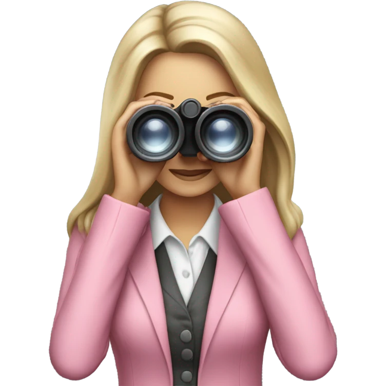 secretary style white female employee in pink suit using binoculars with long loose hair. must look straight in front of a camera emoji