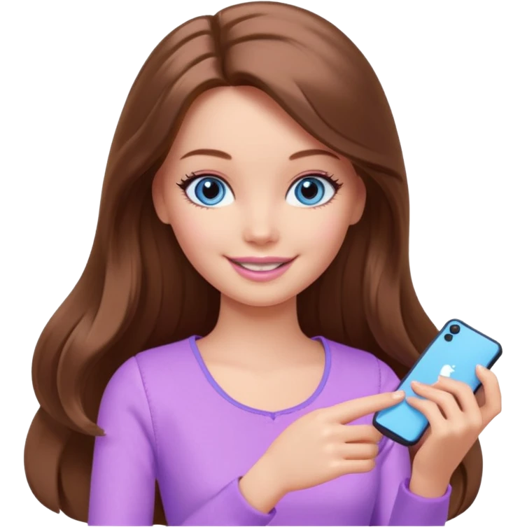 beautiful barbie girl with long brown hair, blue eyes and wearing light purple clothes playing games emoji