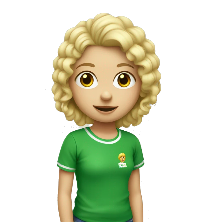 niña rubia con rizos y camiseta verde emoji