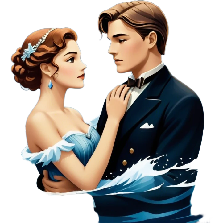 Icon for Titanic Movie: A vintage movie poster-style design featuring a dramatic scene of the ship, the iceberg, and a romantic silhouette of the main couple. Include elements like the ship’s bow, water splashes, and a starry sky in the background. Retro cinematic feel. Transparent background. emoji