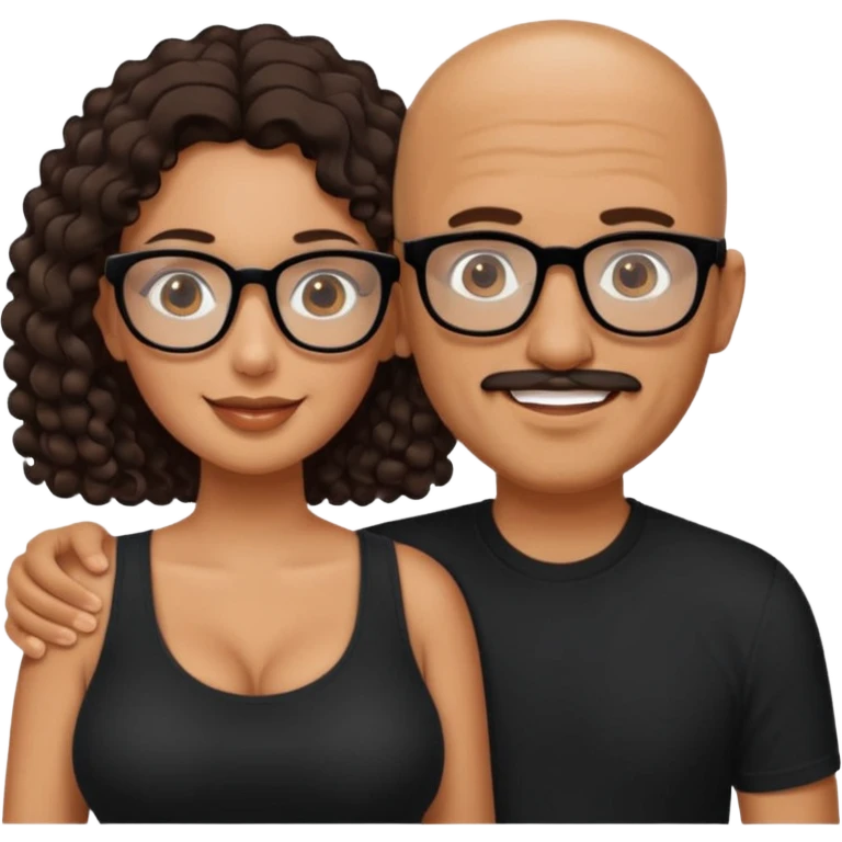 A picture of a happy tanned couple. the man is a Mexican man with tanned skin, a bald hair cut, short beard and wearing a black shirt. the woman is mixed, wearing black rectangle glasses, with long curly dark brown hair and with big boobs  emoji