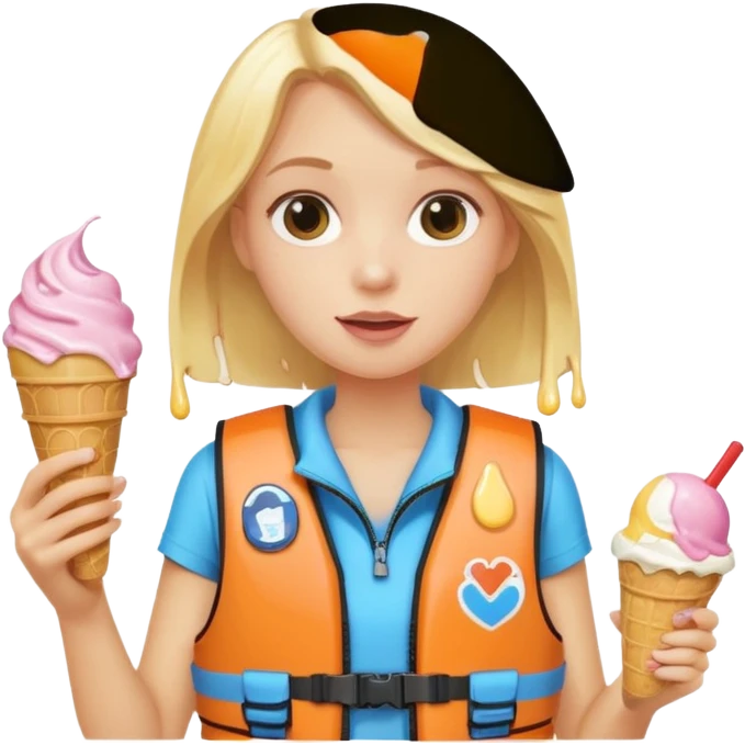 girl blonde kid wearing lifejacket, holding ice cream emoji