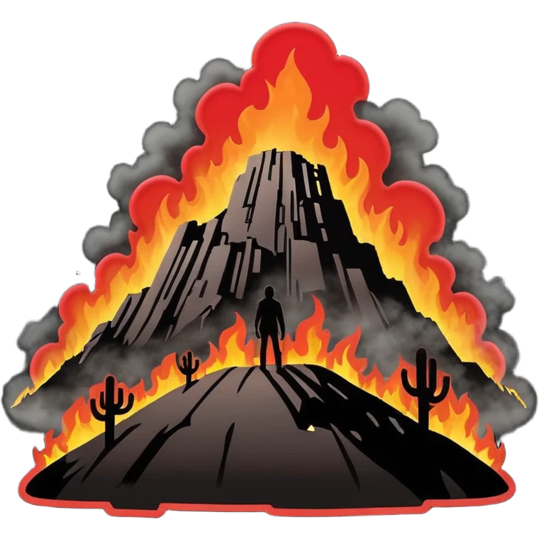 Minimalist emoji-style sticker of a silhouette of the Hollywood hill with ruined “HELLWOOD” sign, smoke and flickering flames in desaturated red

 emoji