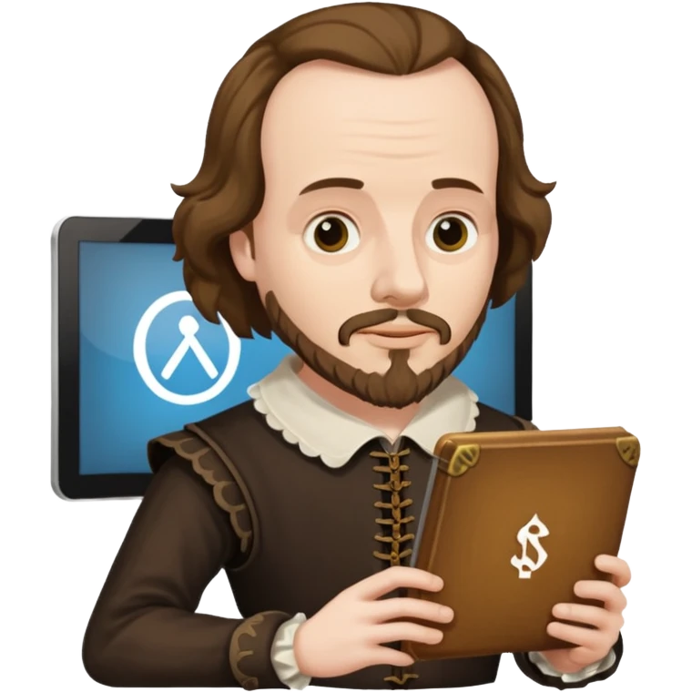 Shakespeare very faithful to original portrait holding a computer screen emoji
