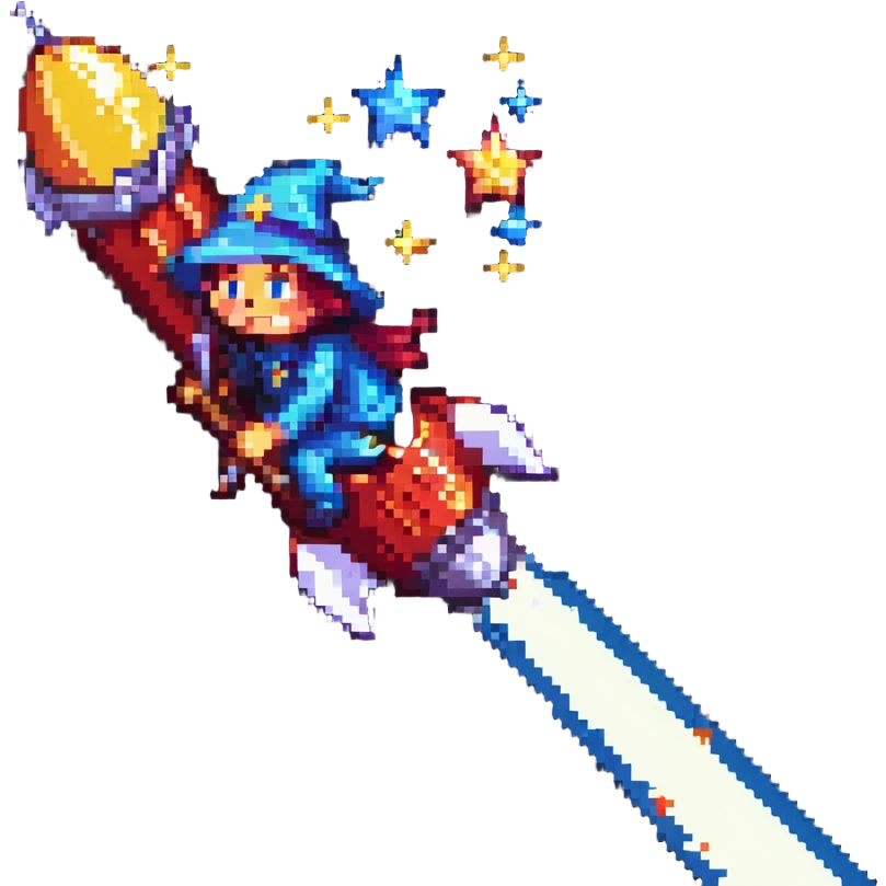 wizard rocket with a starry hat pixel art emoji