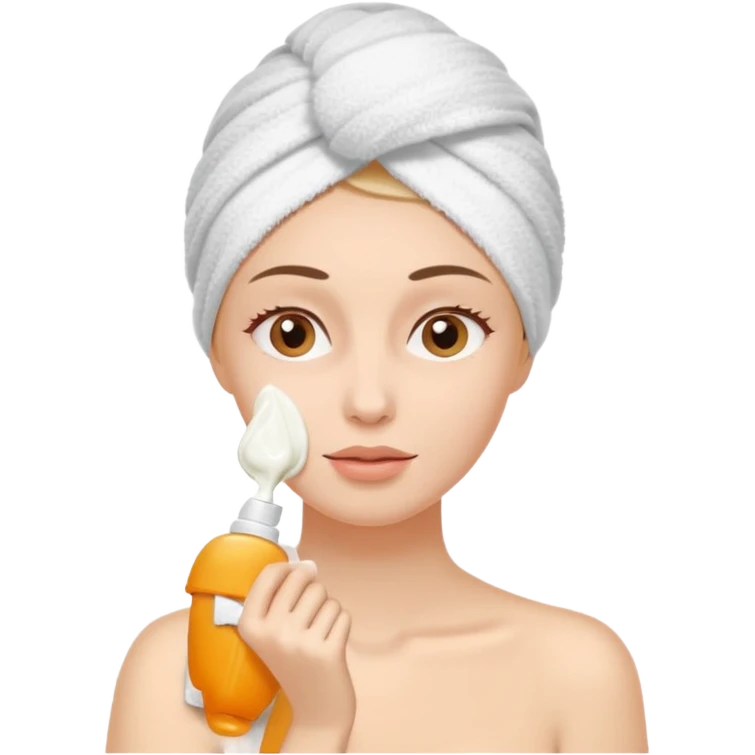 Девушка наносит крес для лица на голове полотенце  emoji