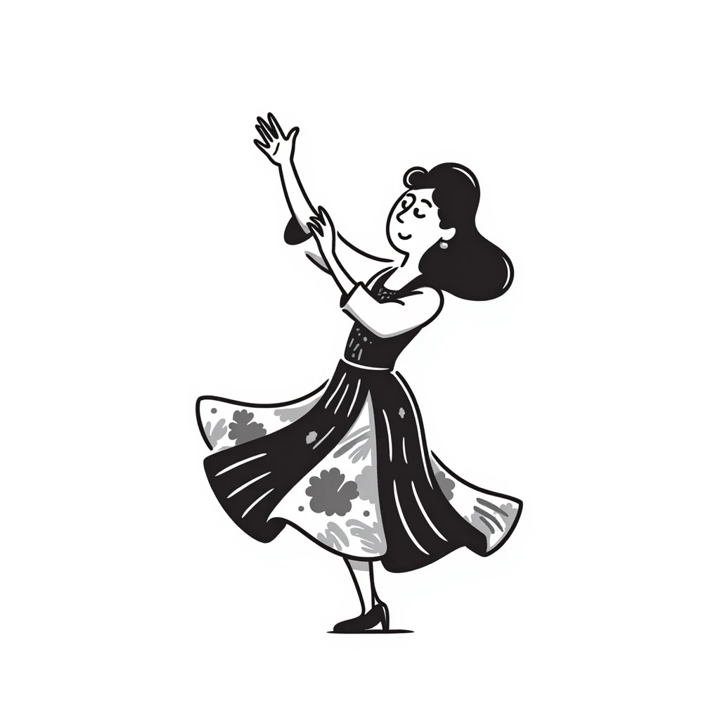 Dancing woman in Colombian salsa pose, vibrant dress, dynamic movement emoji
