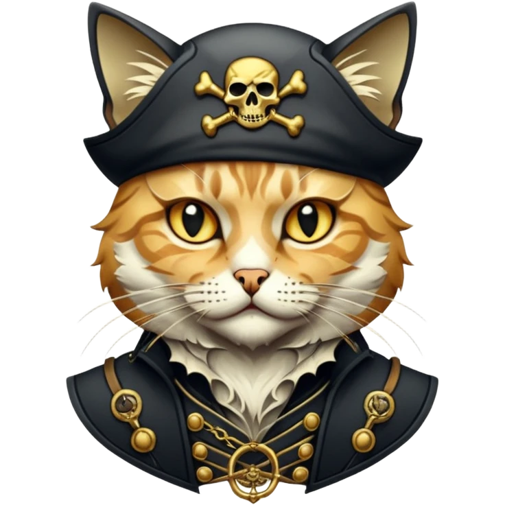 Highly detailed dark fantasy sticker art,cat, gritty pirate aesthetic, intricate engraving style, cinematic lighting, gold and charcoal color palette, sharp edges, white border, vector contour --v 6.0 emoji
