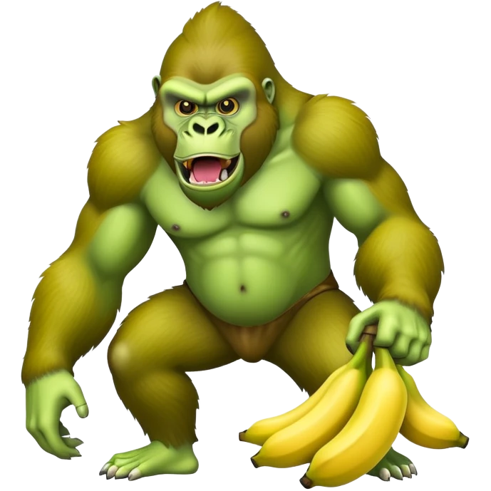 A ripe yellow banana with the head of a bright green gorilla with a fierce expression emoji