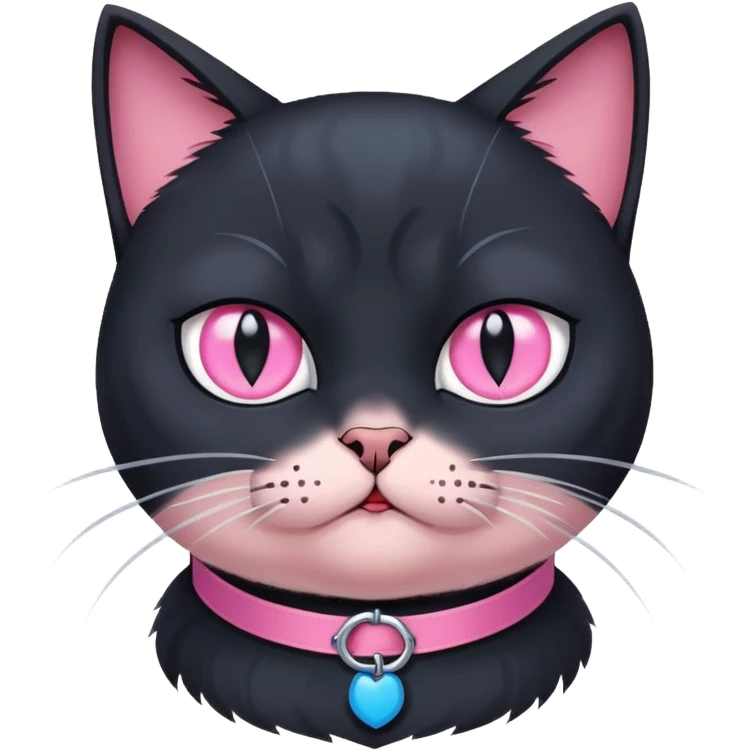 black cat with a pink collar. feels disgusted. one eye is light gray, the other is blue emoji