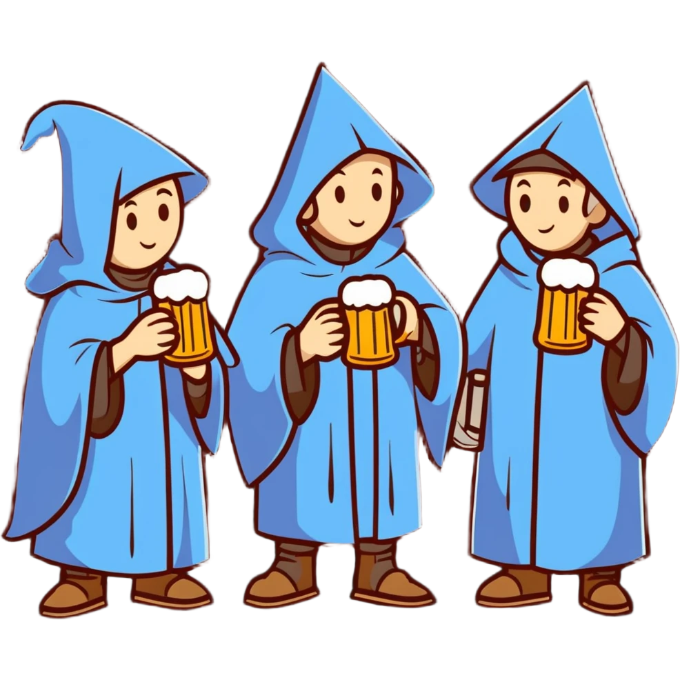 medieval pilgrims with cloaks drinking beer at a tavern emoji