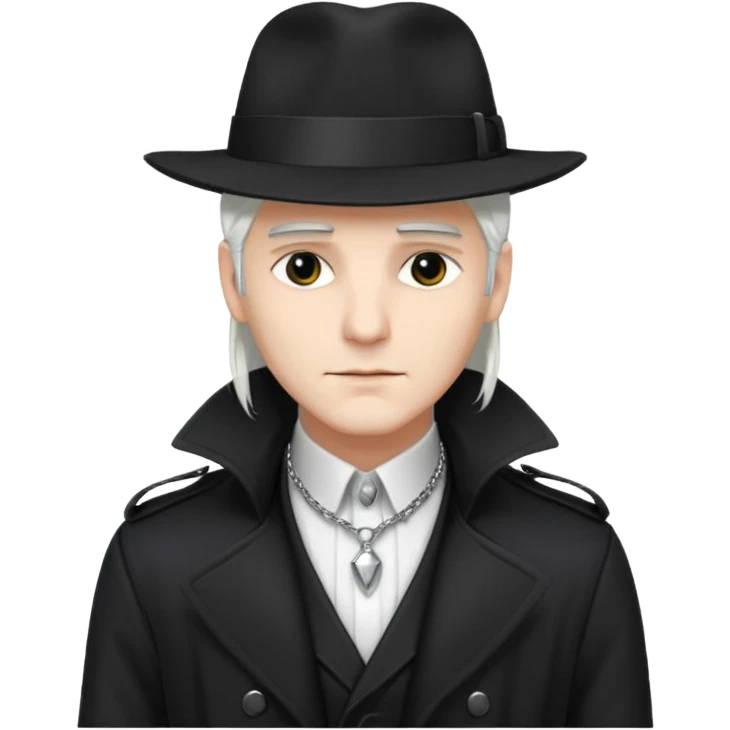 Male Goth with Fedora
 Sleek long hair, white skin, black trench coat, silver necklace visible under coat, white long hair emoji