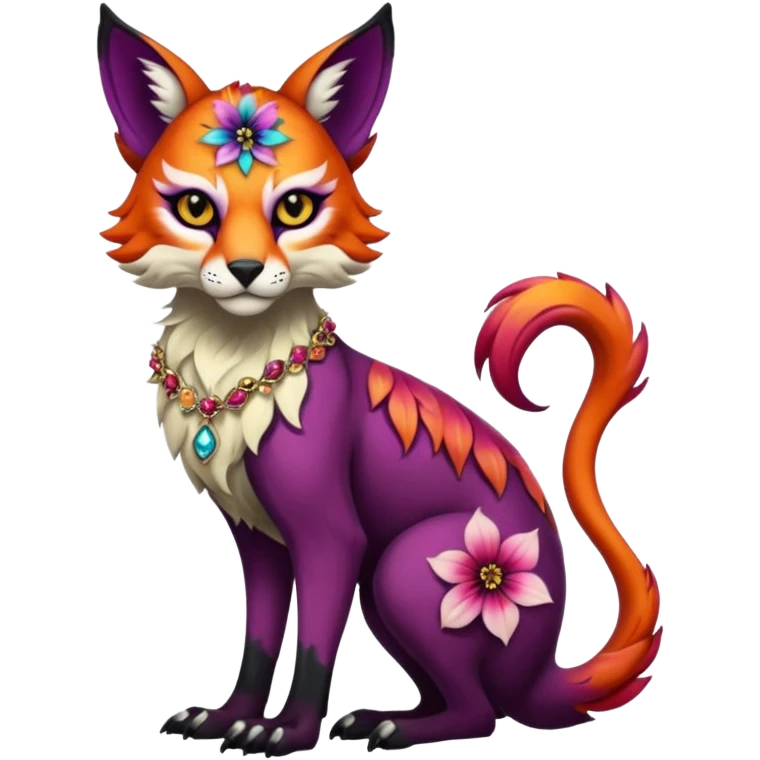 Multicolored dark edgy spooky hot badass realistic floral exotic Falvie-Fionbri-animal, full body, wearing jewelries emoji