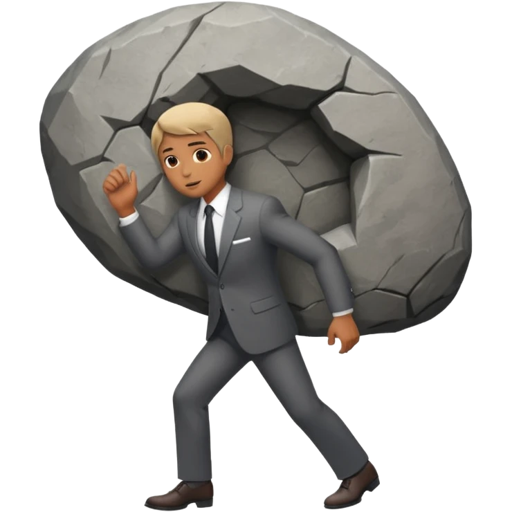 a man in a suit  pushing a huge rock emoji