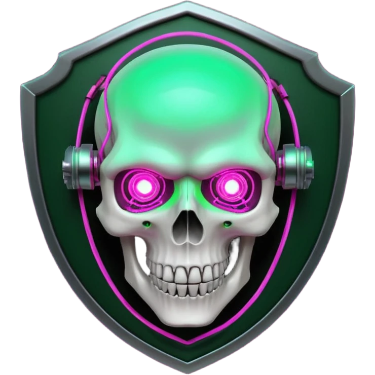 Cyberpunk shield, skull with cybernetic implants, glowing wires, dark electric pink and green tones, no background emoji