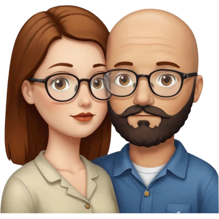 Couple. Bald man with dark brown-black beard. White woman with many small, faded freckles, she has white skin and she has auburn-brown-cinnamon, dark long hair. She has light brown eyes. The man have hazel eyes and the man wear glass. She have light eyes. Retro style. She kisses him. emoji