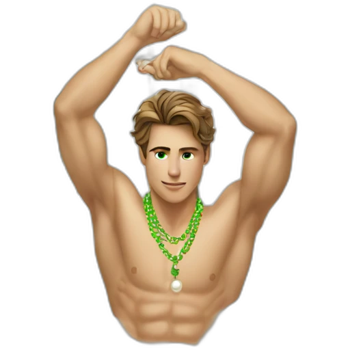 Posh-muscle-boy-brown-hair-green-eyes-pearl-necklace-in-golden-bathtub emoji