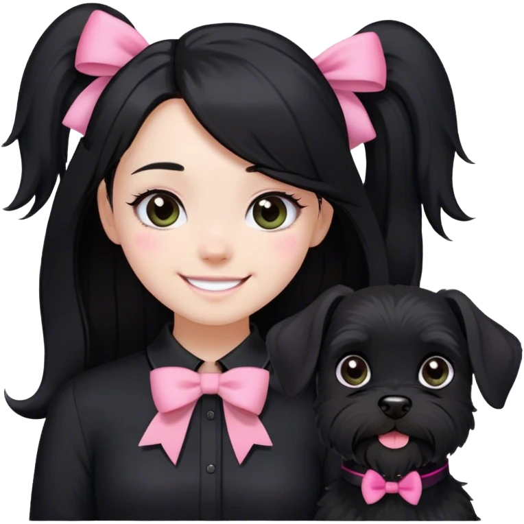 pale girl smiling with light eyes and long black hair wearing black shirt with bow on and smiling black schnauzer with pink collar emoji