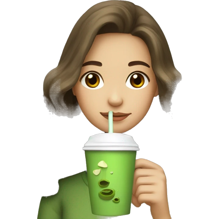 Girl long, wavy & brown haired drinking matcha  emoji