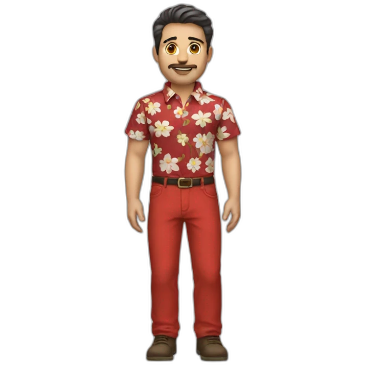 white man dark hairs flower shirt red pant emoji