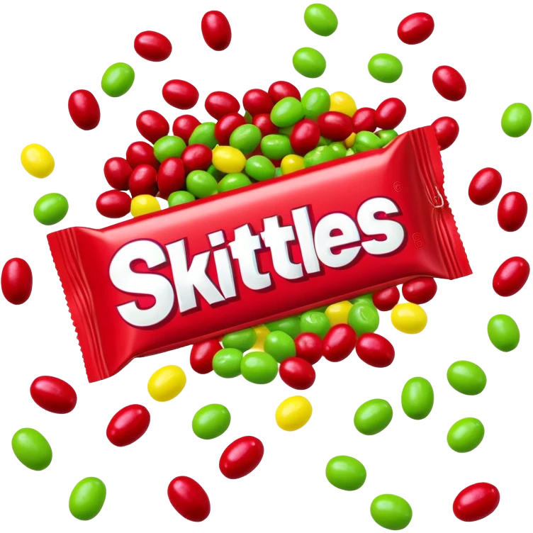 Original red Skittles package opened with logo visible, with only lime green Skittles candies spilling out, no other colors of candy emoji
