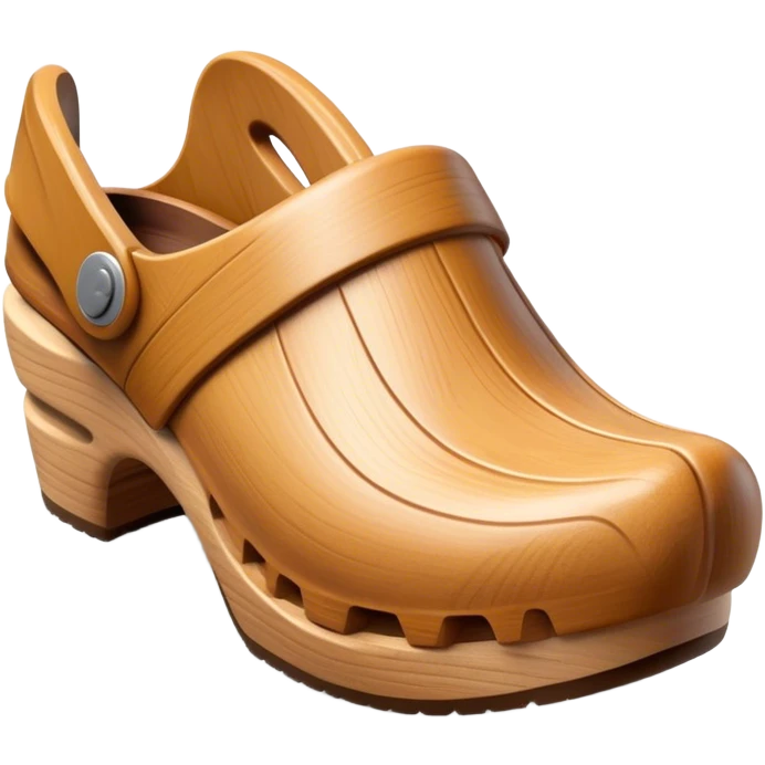 Cinematic Realistic Wooden Clogs Emoji, depicting the classic handcrafted footwear with a smooth, curved design and sturdy wooden soles, rendered with rich textures and warm, natural lighting. emoji