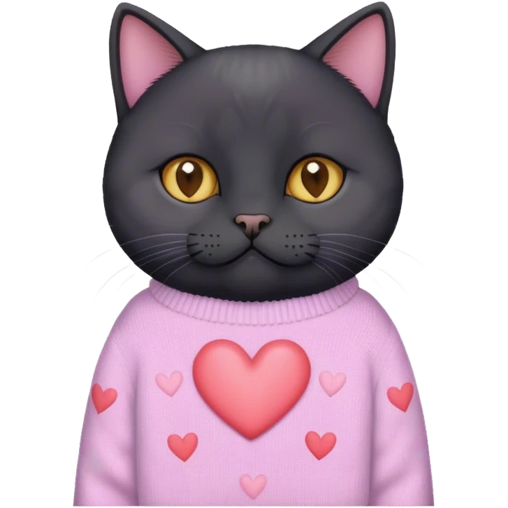 cute black british cat sitting 
 in a cute pastel sweater with hearts emoji