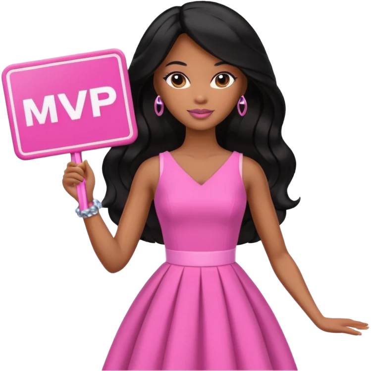 Black barbie, long black  hair, pink dress holding mvp sign  emoji